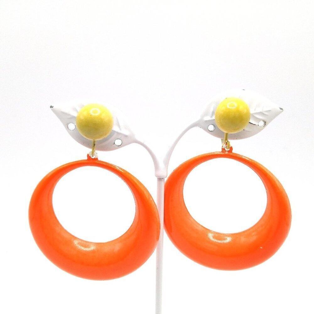 Vintage Large Orange Yellow Enamel Metal Clip Earrings, 1960s, 2 3/4 Inches